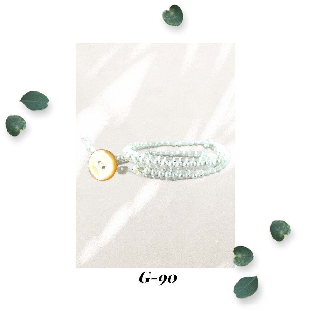White Glass Pearl - Double Wrap Bracelet - Golden Beige Button Bracelet